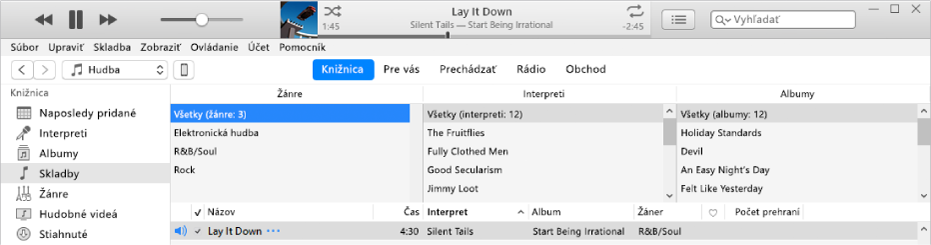 Hlavné okno iTunes: Stĺpcový prehliadač sa zobrazí napravo od bočného panela a nad zoznamom skladieb.