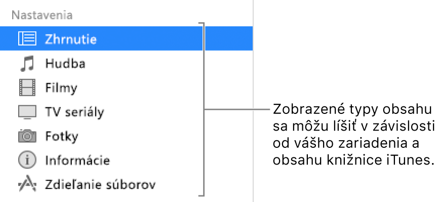 Položka Zhrnutie označená v bočnom paneli naľavo. Typ zobrazovaného obsahu sa môže líšiť v závislosti od vášho zariadenia a obsahu iTunes knižnice.