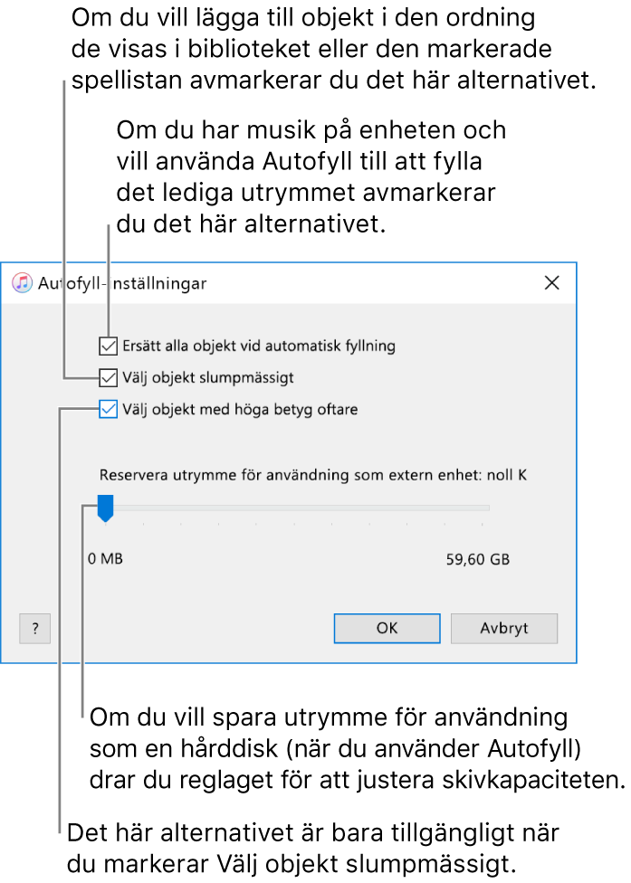 Dialogrutan för Autofyll-inställningar som visar fyra alternativ, med början uppifrån. Om du har musik på din enhet och vill att Autofyll ska fylla det återstående utrymmet avmarkerar du Ersätt alla objekt vid Autofyll. Om du vill lägga till låtar i den ordning de visas i biblioteket eller den markerade spellistan avmarkerar du Välj objekt slumpmässigt. Nästa alternativ är Välj objekt med höga betyg oftare, och det visas bara när du har markerat alternativet Välj objekt slumpmässigt. Om du vill ange hur mycket utrymme som ska användas som en hårddisk ställer du in hårddiskkapaciteten genom att justera reglaget.