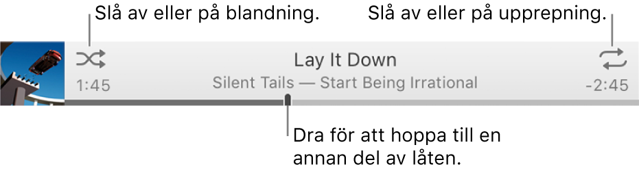 Banderollen med en låt som spelas. Längst upp till vänster finns blandningsknappen och längst upp till höger upprepningsknappen. Dra uppspelningssymbolen för att hoppa till en annan del av en låt.
