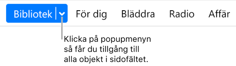 Knappen Bibliotek i navigeringsfältet som visar popupmenyn. Klicka på den för att komma åt alla objekt i sidofältet när du gömmer sidofältet.