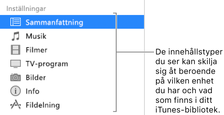 Sammanfattning är markerat i sidofältet till vänster. Vilka typer av innehåll som visas kan variera beroende på enhet och innehållet i iTunes-biblioteket.