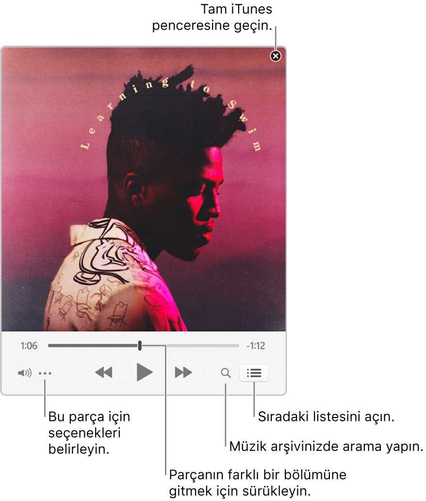 Çalmakta olan parçanın denetimlerini gösteren genişletilmiş Mini Çalar. Sağ üst köşede, tam iTunes penceresine geçmek için kullanabileceğiniz kapat düğmesi bulunur. Pencerenin alt kısmında ise sürükleyerek parçanın farklı bölümlerine geçmenizi sağlayan bir sürgü bulunur. Sol taraftaki sürgünün altında, çalmakta olan parça için görüntü seçeneklerini ve diğer seçenekleri seçebileceğiniz Daha Fazla düğmesi var. Sürgünün altında en sağda, müzik arşivinde arama yapmak için büyüteç ve sıradaki parçayı görmek için Sıradaki listesi olmak üzere iki düğme yer alır.