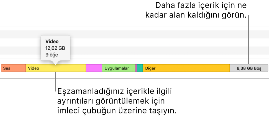 Eşzamanladığınız içerik hakkındaki ayrıntıları görüntülemek ve içerik için kalan alanı görmek için imleci pencerenin alt kısmındaki çubuğun üzerine taşıyın.