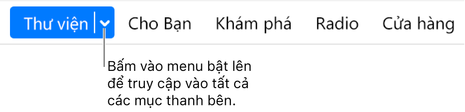 Nút Thư viện trong thanh điều hướng, đang hiển thị menu bật lên, bấm vào nút để truy cập tất cả các mục thanh bên khi bạn ẩn thanh bên.