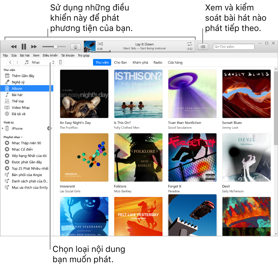 Cửa sổ chính của Thư viện iTunes: Trong trình điều khiển, chọn loại phương tiện sẽ phát (chẳng hạn như Nhạc). Sử dụng các điều khiển trong biểu ngữ ở trên cùng để phát phương tiện của bạn và sử dụng menu bật lên Tiếp theo ở bên phải để xem thư viện theo những cách khác nhau.