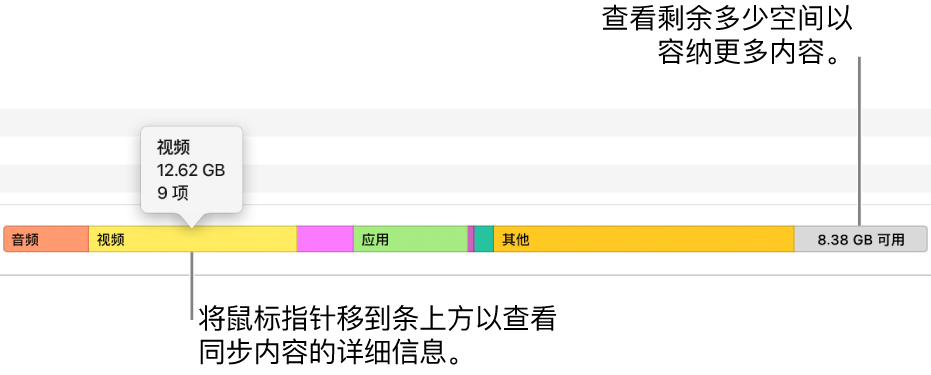 将鼠标指针移到窗口底部的栏上方以查看要同步内容的详细信息，以及查看剩余多少空间可同步更多内容。