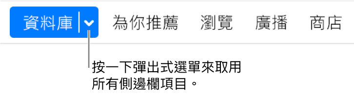 導覽列中的「資料庫」按鈕，顯示彈出式選單；隱藏側邊欄時，按一下即可存取所有側邊欄項目。