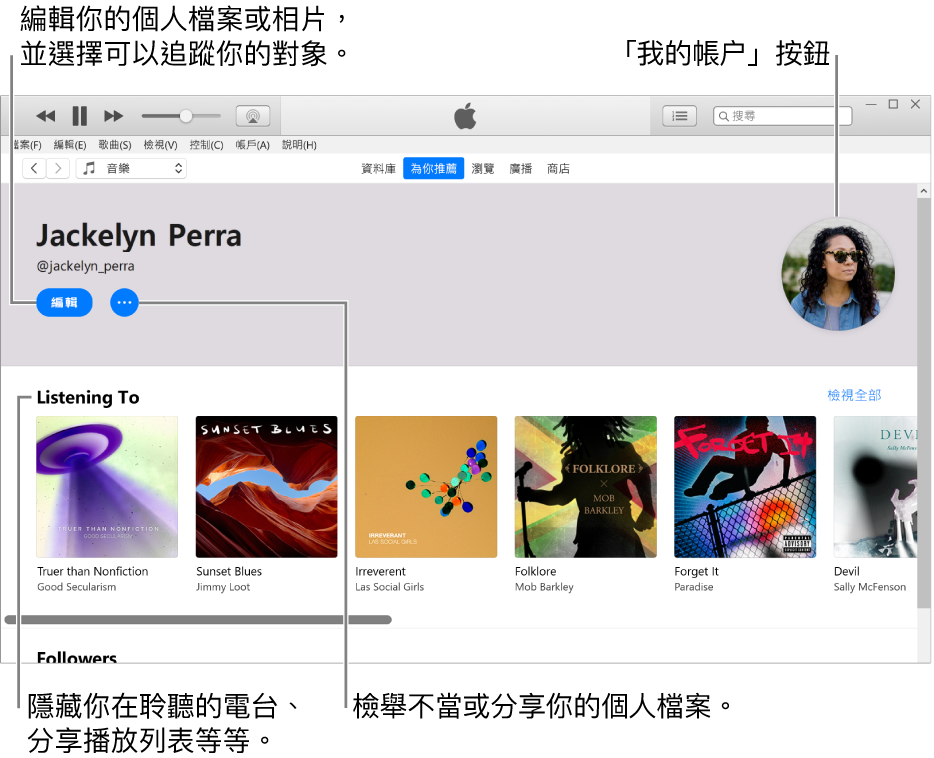 Apple Music 中的個人檔案頁面：在左上角你的名稱下方，按一下「編輯」來編輯你的個人檔案或相片，並選擇誰可以追蹤你。在「編輯」右側，按一下「更多」按鈕來檢舉不當行為或分享你的個人檔案。在右上角是「我的帳户」按鈕。「正在收聽」標題下方是你在聆聽的所有專輯，你可以按一下「更多」按鈕來隱藏你在聆聽的電台、分享播放列表等等。