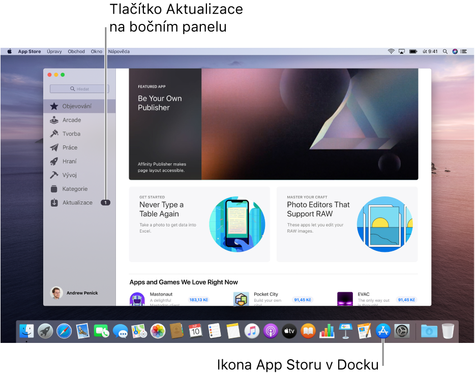 Hlavní okno App Storu s popiskem označujícím tlačítko Aktualizace na bočním panelu a další popisek označující ikonu App Storu v Docku.