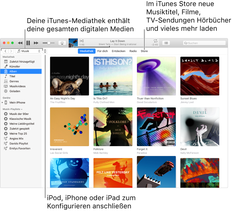 Ansicht des iTunes-Fensters: Das iTunes-Fenster besteht aus zwei Bereichen. Links befindet sich die Seitenleiste „Mediathek“ mit all deinen digitalen Medien. Im größeren Bereich auf der rechten Seite kannst du eine Auswahl ansehen, die dich interessiert. Du kannst dort z. B. deine Mediathek oder deine Seite „Für dich“ anzeigen, in neuer iTunes-Musik oder in Videos stöbern oder den iTunes Store besuchen, um neue Musik, Filme, TV-Sendungen, Hörbücher und mehr zu laden. Oben rechts in der Seitenleiste „Mediathek“ befindet sich die Taste „Geräte“, die zu erkennen gibt, das dein iPod, iPhone oder iPad mit deinem Mac verbunden ist.