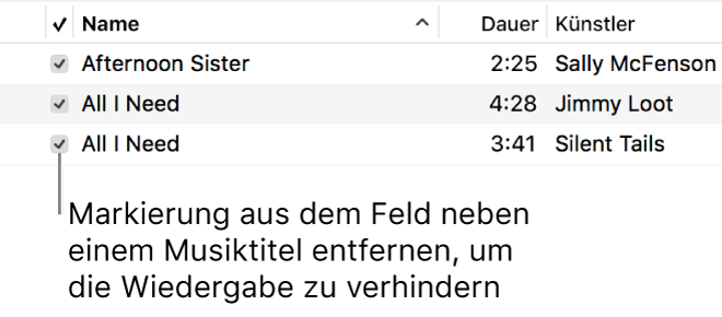 Details der Ansicht „Titel“ im Bereich „Musik“, Darstellung der Markierungsfelder auf der linken Seite´ Durch Deaktivieren des Markierungsfeld neben einem Titel wird das Abspielen des Titels verhindert.