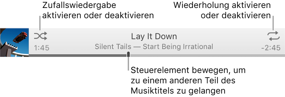 Das Banner mit dem laufenden Titel Die Taste „Zufällige Wiedergabe“ befindet sich oben links, die Taste „Wiederholen“ oben rechts. Bewege den das Navigationswerkzeug, um zu einer bestimmten Stelle eines Titels zu gelangen.