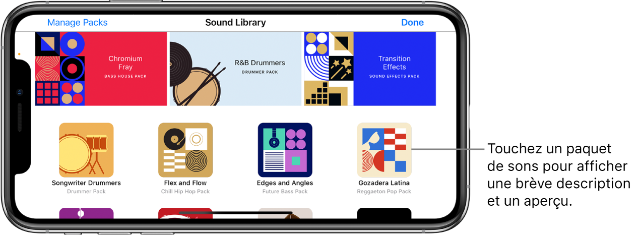 Touchez un paquet de sons pour afficher une brève description et un aperçu.
