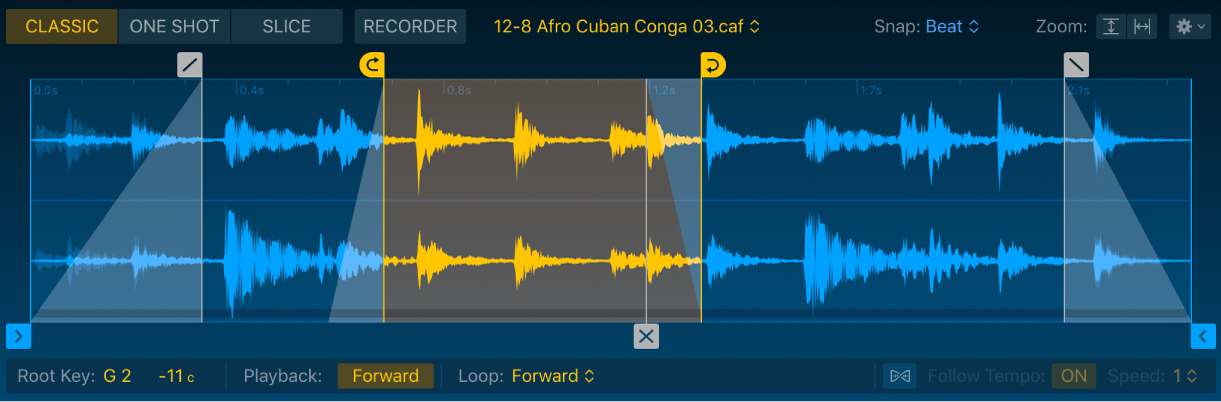 Figure. Quick Sampler Classic mode waveform display, showing start and end markers, loop start and end markers and a loop region, Crossfade marker, and related Classic mode parameters.