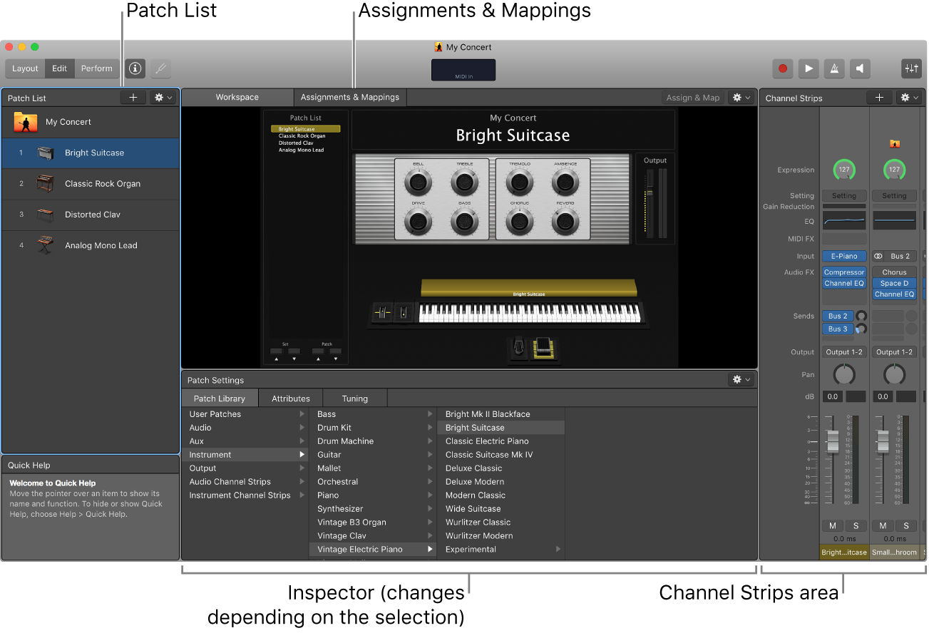 The MainStage window, including the workspace, Inspector, toolbar, and Activity Monitor.