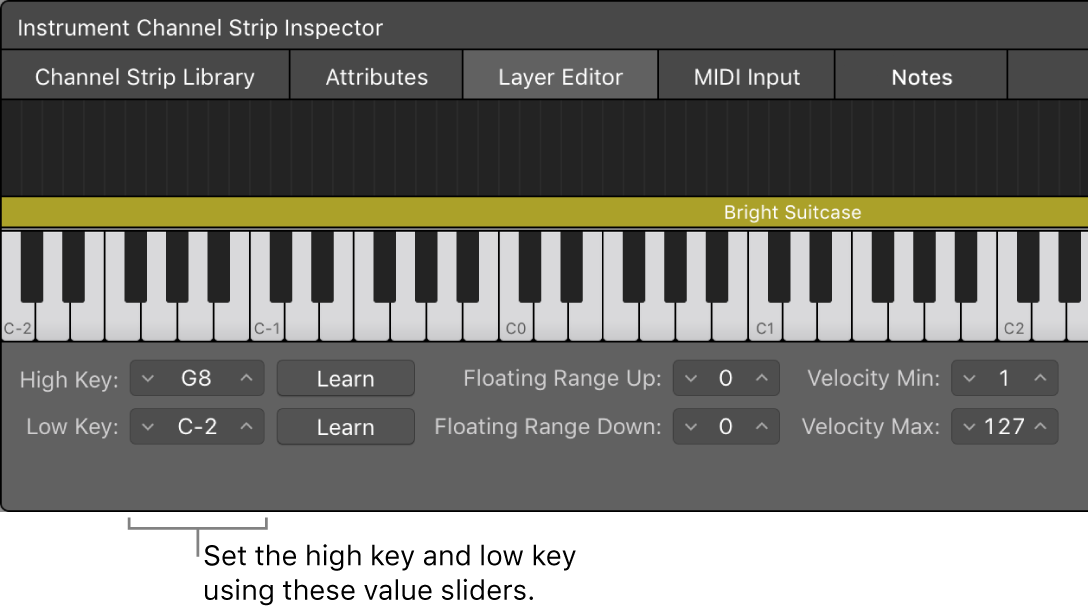 Figure. Setting the key range for a channel strip using the Low Key and High Key value sliders.