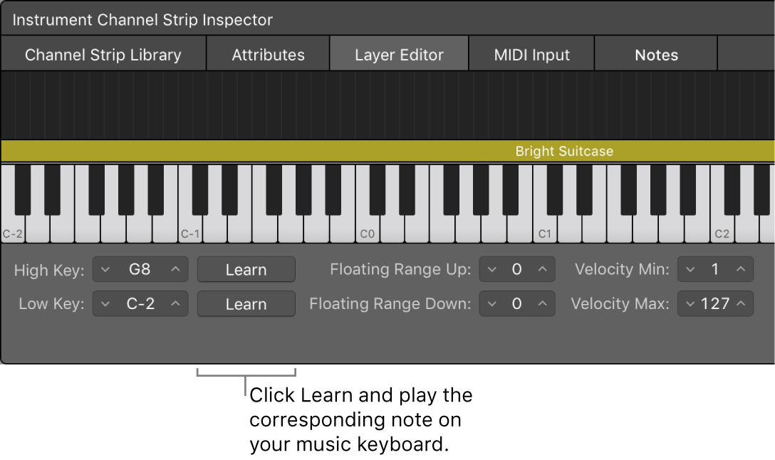 Figure. Learning the key range for a channel strip.