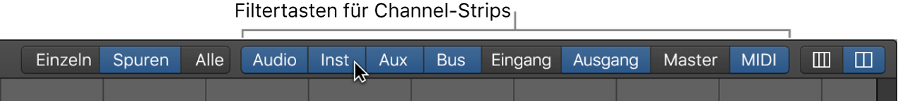 Abbildung. Filtertasten für Channel-Strips, einige sind ausgewählt, andere nicht