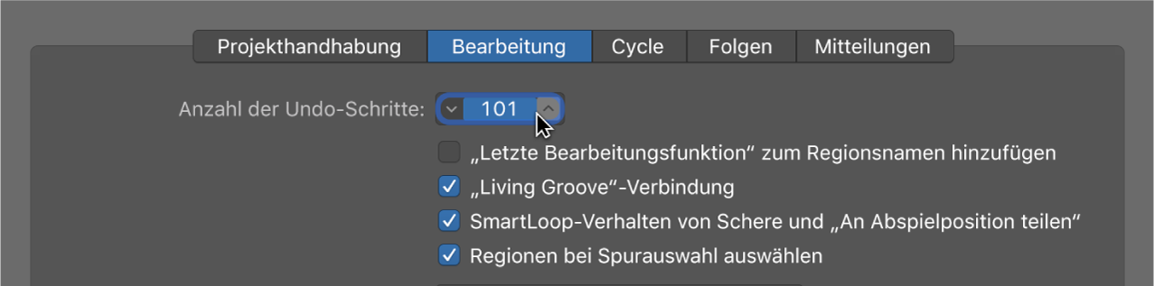 Abbildung. Feld „Anzahl der Undo-Schritte“ im Bereich „Bearbeitung“ in den allgemeinen Einstellungen