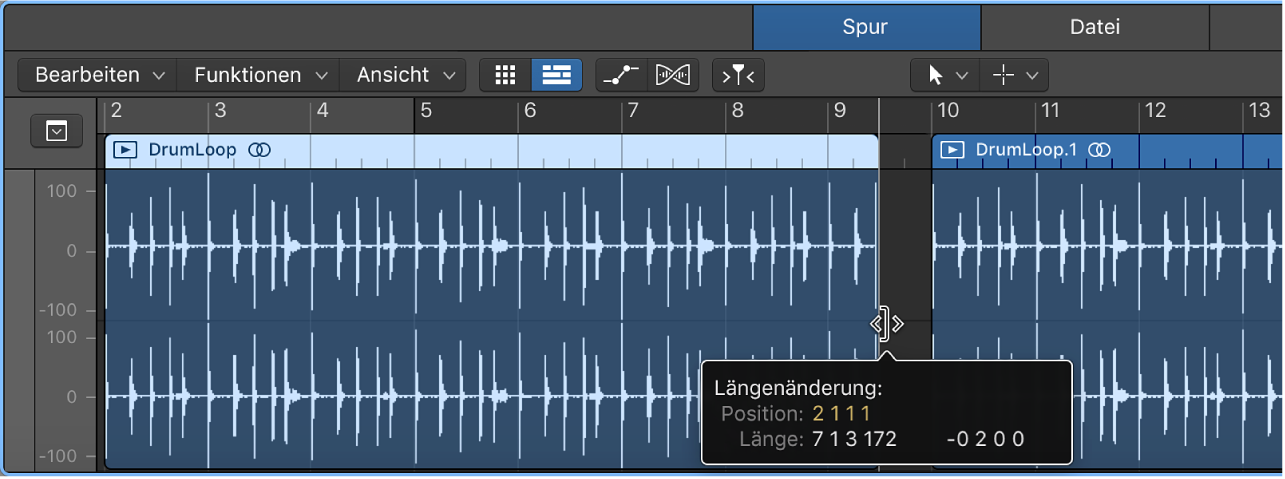 Abbildung. Trimming-Region im Audiospureditor mit Info-Text zur Länge der Region und dem Umfang des getrimmten Anteils