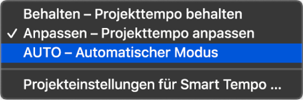 Abbildung. Menü in der Anzeige „Tempo“ mit den drei Modi für „Smart Tempo“