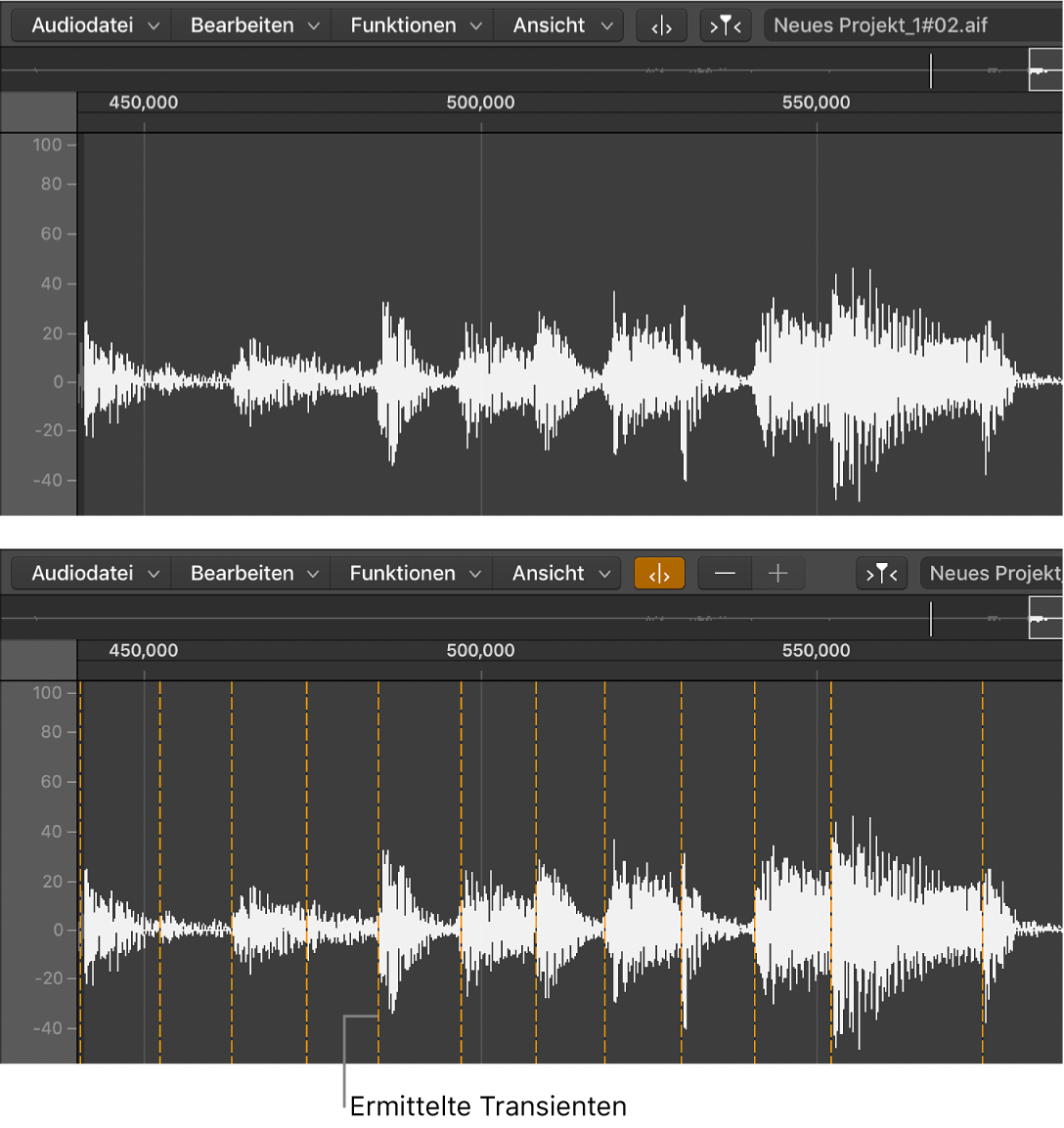 Abbildung. Audioregion im Audiodateieditor ohne und mit Transienten