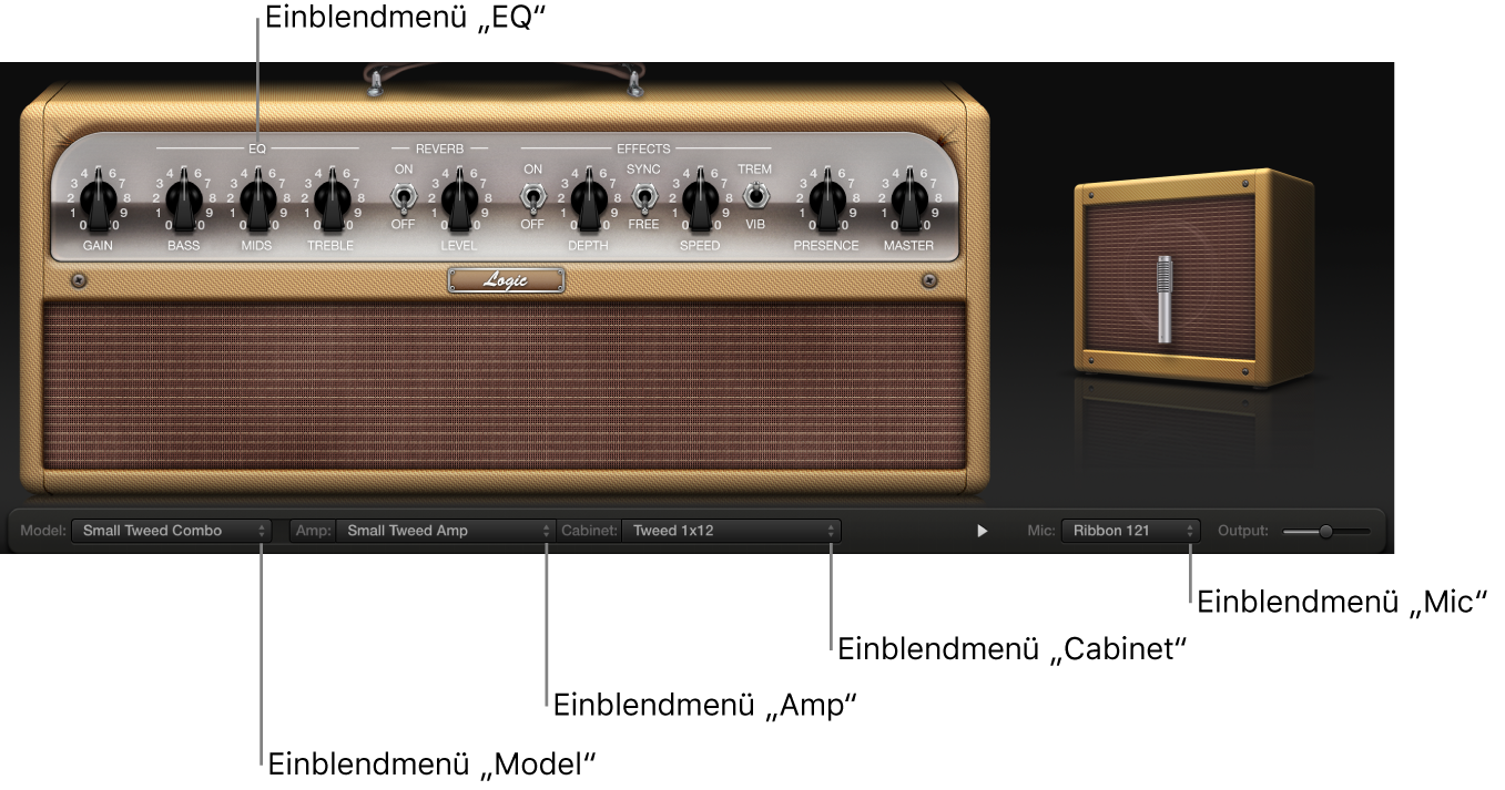 Abbildung. Amp Designer-Fenster mit Beschreibungen der Einblendmenüs