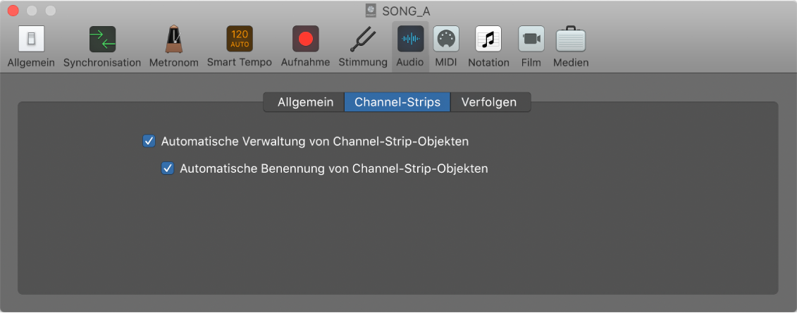 Abbildung. Audioeinstellungen für Channel Strips