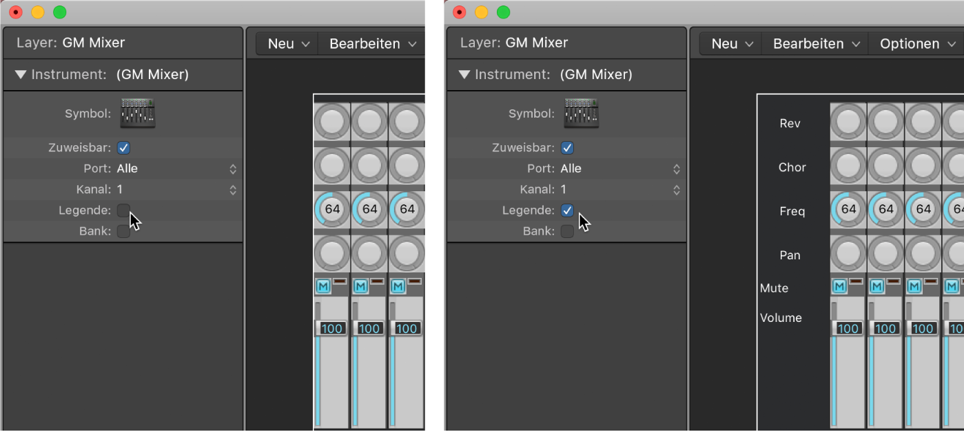 Abbildung. Anzeige des aktivierten und deaktivierten Markierungsfelds „Legende“ des GM Mixers