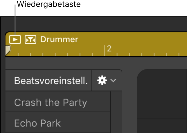 Abbildung. Klicken auf die Taste „Wiedergabe“ oben links im Drummer-Editor