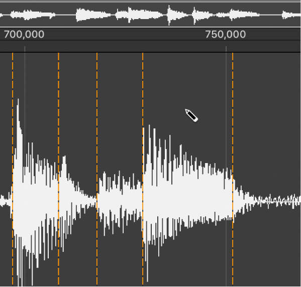 Abbildung. Audiodateieditor mit Stiftwerkzeug über der Wellenformanzeige