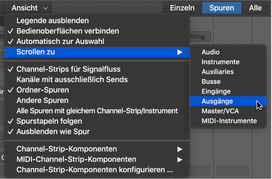 Abbildung. Untermenü „Scrollen zu“ im Menü „Ansicht“ des Mixers
