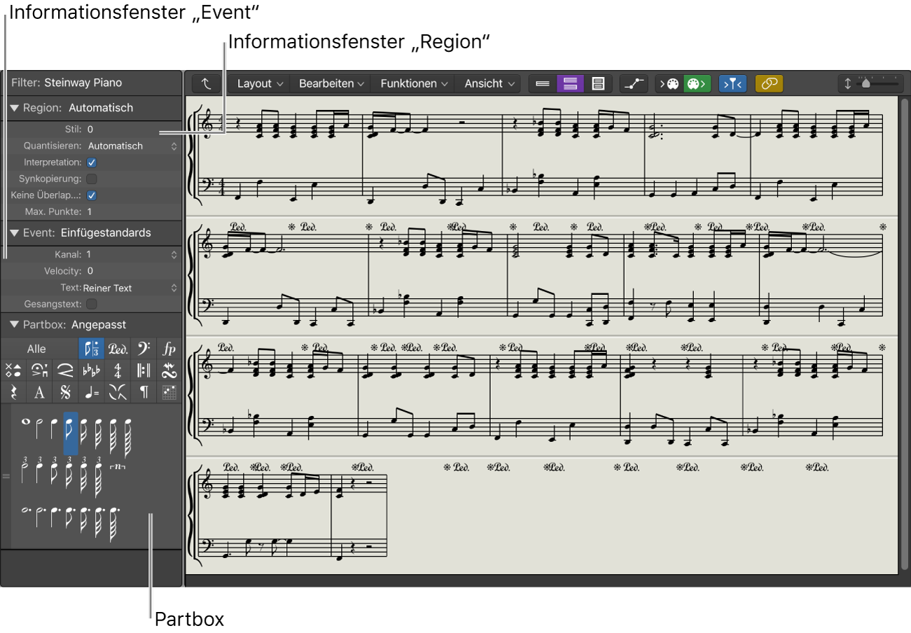 Abbildung. Event-Parameterbox, Anzeigeparameterbox und Partbox im Informationsfenster