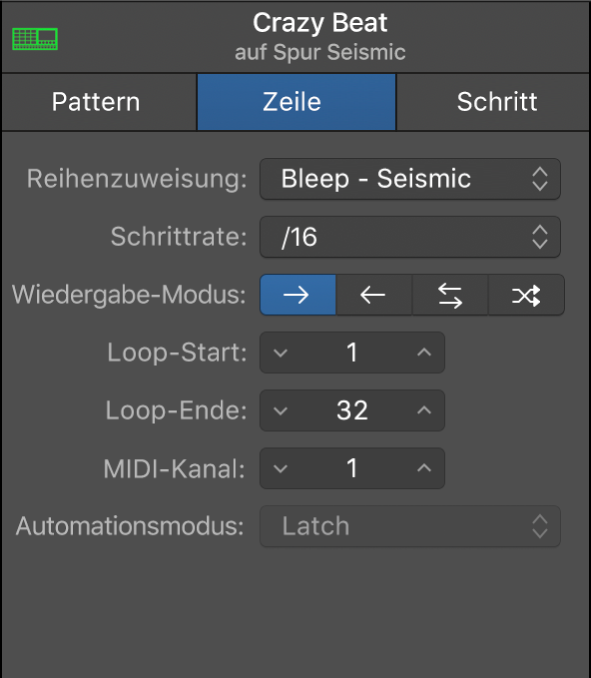 Lokales Informationsfenster des Step Sequencers mit Zeileneinstellungen