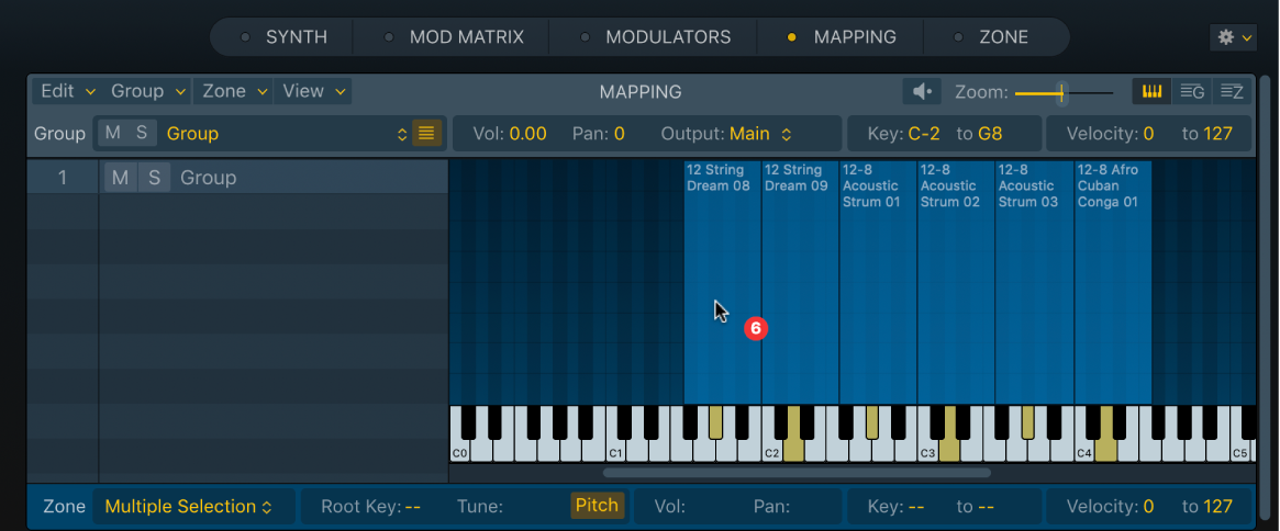 Abbildung. Key Mapping Editor des Sampler mit mehreren Audiodateien, die auf einen Tastenbereich bewegt wird.