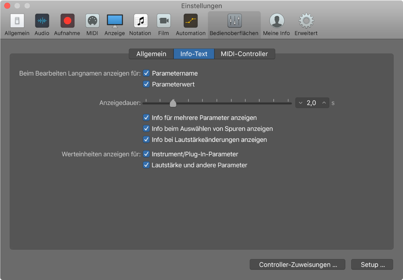 Abbildung. Einstellungen für Info-Text in Logic Pro.