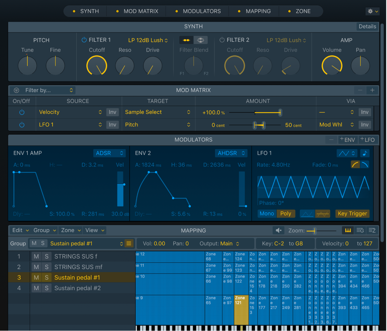 Abbildung. Sampler-Bedienoberfläche mit den Bereichen „Synth“, „Mod Matrix“, „Modulators“ und „Mapping“.