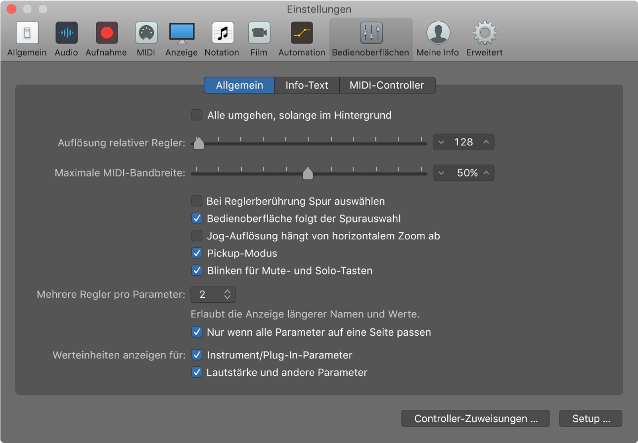 Abbildung. Fenster des Bereichs „Bedienoberflächen“ von Logic Pro.