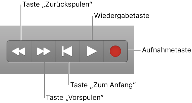 Abbildung. Die grundlegenden Transportsteuerungen: „Zurückspulen“, „Vorspulen“, „Stoppen“, „Wiedergabe“ und „Aufnahme“