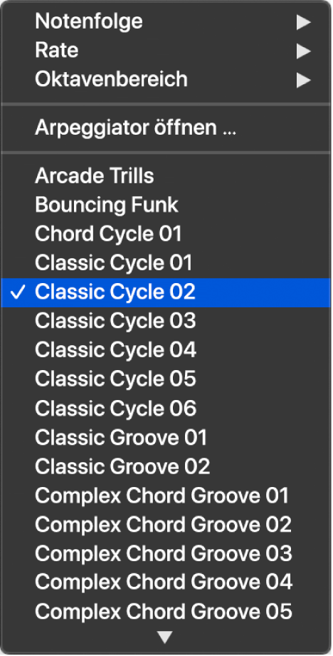 Abbildung. Einblendmenü „Arpeggiator“ in der Menüleiste des Bereichs „Smart Controls“