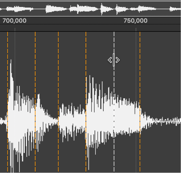 Abbildung. Audiodateieditor mit Transient, der in die Wellenformanzeige bewegt wird