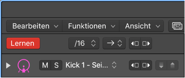Menüleiste des Bereichs „Step Sequencer“ mit aktiver Taste „Lernmodus“