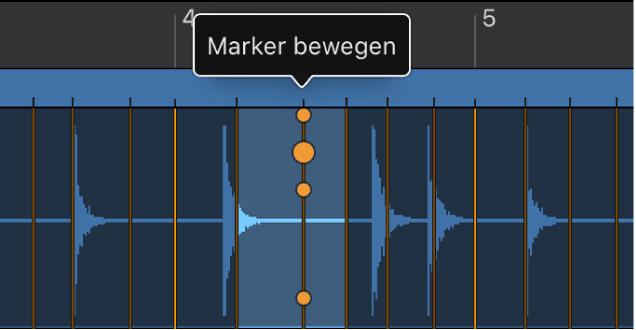 Abbildung. Editor „Smart Tempo“ mit Beat-Markern, mit aktiviertem Aktivpunkt „Marker verschieben“