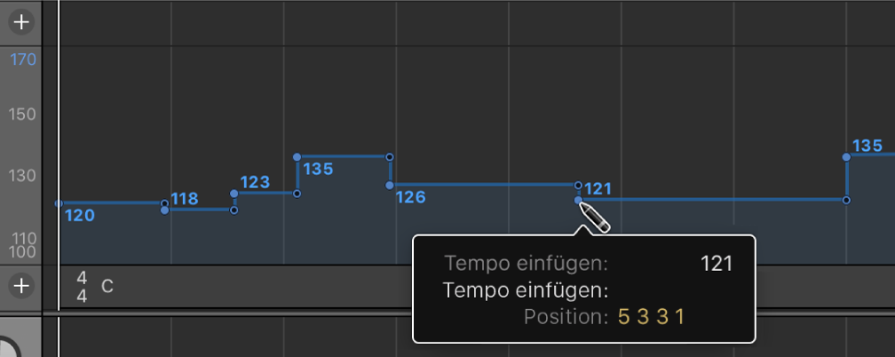 Abbildung. Einfügen eines Tempoänderungs-Events mit dem Stiftwerkzeug