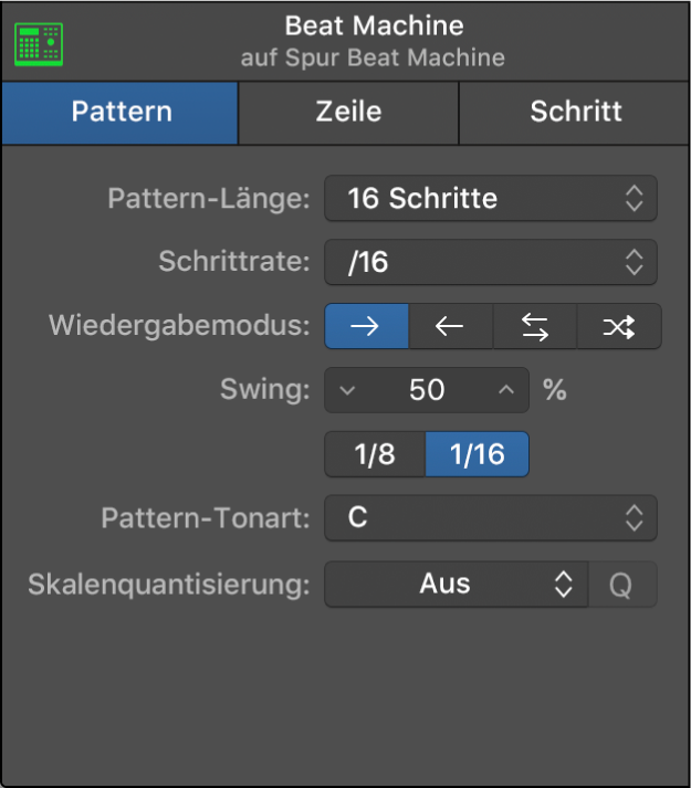 Lokales Informationsfenster des Step Sequencers mit Pattern-Einstellungen