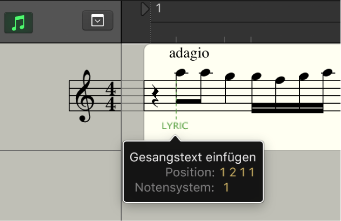 Abbildung. Gesangstext zu einer Notation hinzufügen