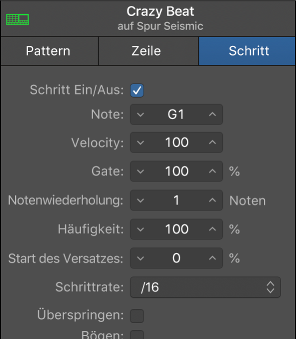 Lokales Informationsfenster des Step Sequencers mit Schritteinstellungen