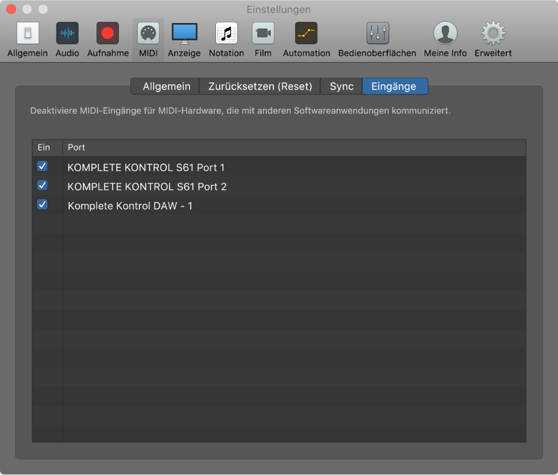 Abbildung. Bereich „MIDI“ > „Eingang“