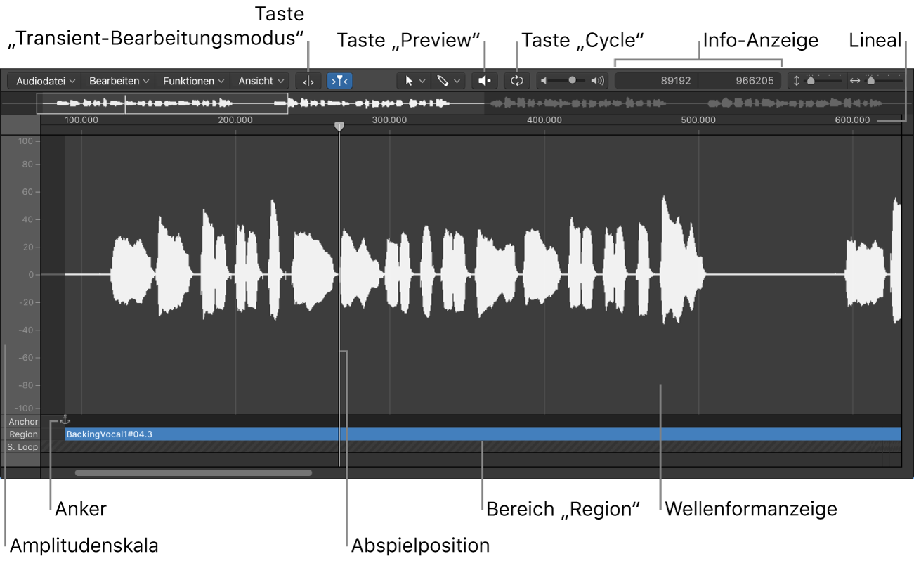 Abbildung. Audiodateieditor mit Hauptelementen